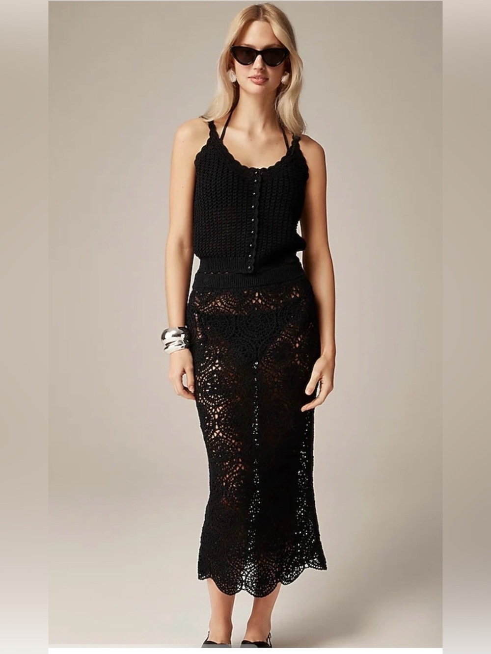 Black Crochet Fitted Midi Skirt